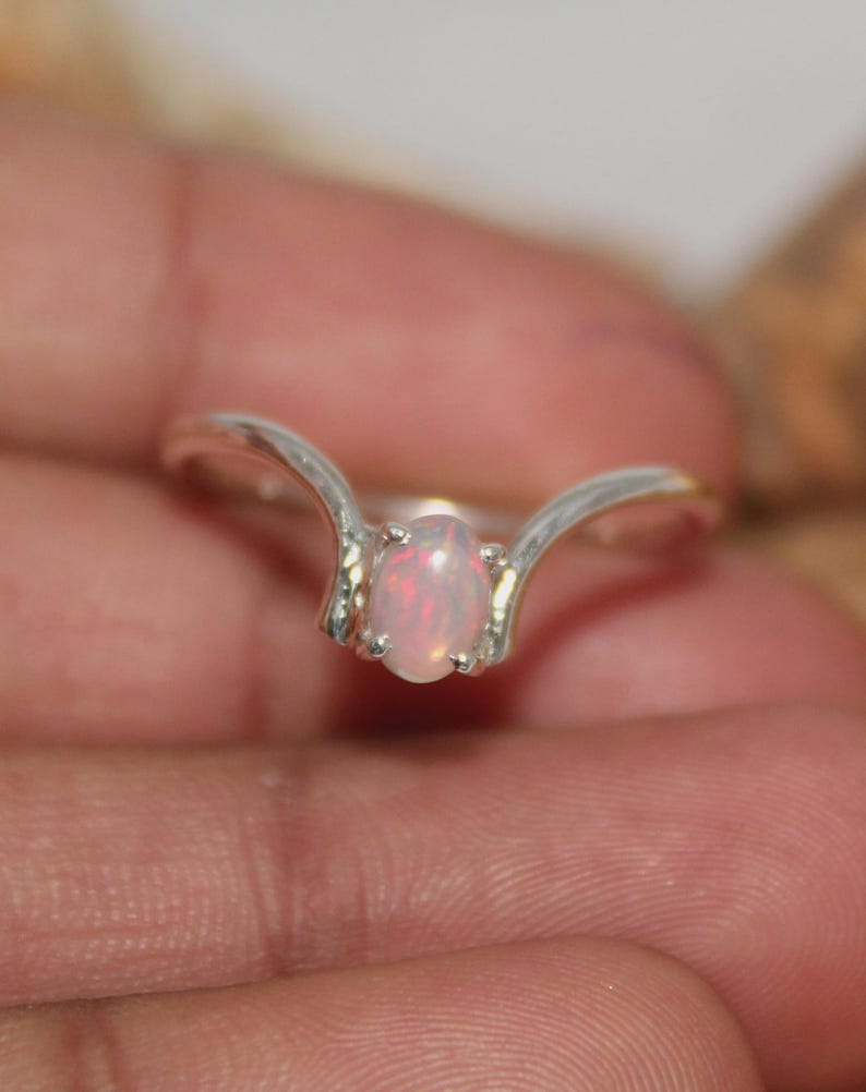 Natural Rainbow Fire Ethiopian Opal 925 Silver Chevron Ring October Birthstone Promise Solitaire Stackable Unique Wishbone Ring Gift For Her image 5