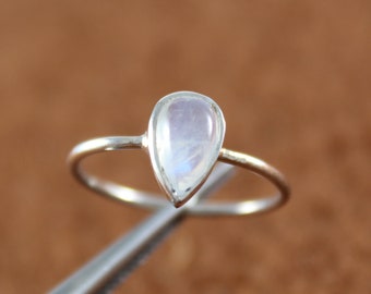 Natural Rainbow Moonstone - 5 X 8 MM Pear Cabochon - Moonstone Ring - Gemstone Ring - Sterling Silver Ring - Gold Ring - Rose Gold Ring