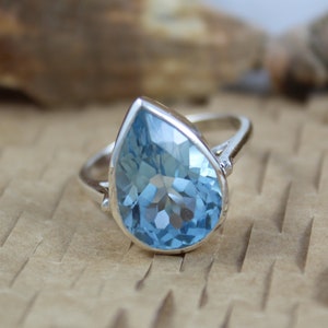 Natural Blue Topaz Ring - 925 Sterling Silver - 10 X 14 MM Swiss Topaz - Handmade Silver Jewelry - Promise Birthstone Ring - Statement Ring