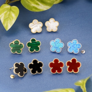 925 Sterling Silver 14K Yellow Gold Plated Hawaiian Plumeria Clover Flower Motif Beaded Stud Earrings
