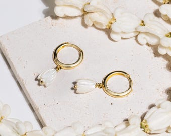 14K Gold Plated 925 Sterling Silver Mother of Pearl Pikake Flower Bud Huggie Hoop Earrings