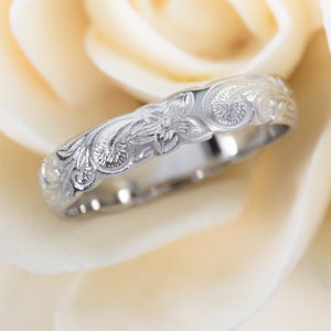 Sterling Silver 4mm Hawaiian Princess Plumeria Flower Scroll Ring Stackable Wedding Band