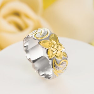 14K Gold Plated 925 Sterling Silver 8mm Hawaiian Princess Plumeria Flower Scroll Ring Stackable Wedding Band ( Two Tone Yellow-Gold)