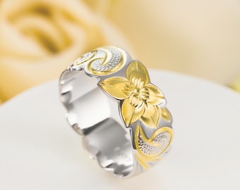 14K Gold Plated 925 Sterling Silver 8mm Hawaiian Princess Plumeria Flower Scroll Ring Stackable Wedding Band ( Two Tone Yellow-Gold)