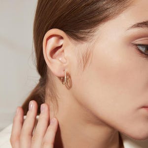 925 Sterling Silver 18K Gold Plated Faux Double Hoop Hidden Stud Earrings with Cubic Zirconia