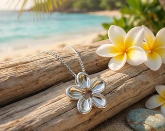 925 Sterling Silver Double Plumeria Frequency in Bloom Pendant with 18" Box Chain – Sound Wave Cut-Out Flower Necklace