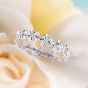 Sterling Silver Plumeria Eternity Wedding Band Stackable Ring