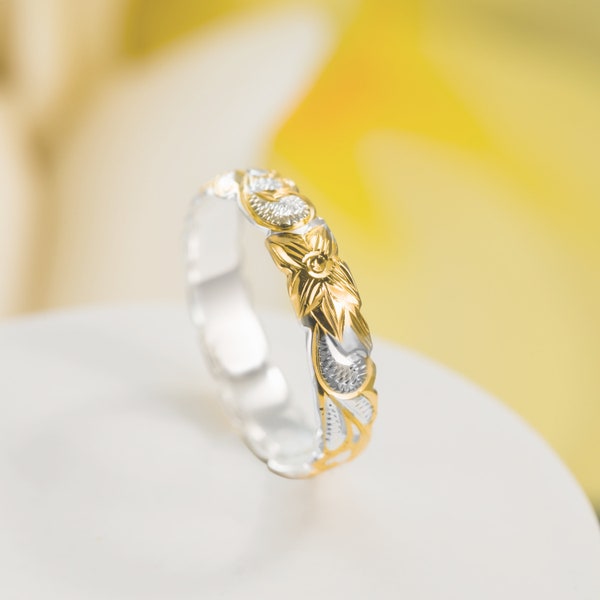 14K Gold Plated 925 Sterling Silver 4mm Hawaiian Princess Plumeria Flower Scroll Ring Stackable Wedding Band (Two Tone Yellow-Gold)