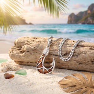 925 Sterling Silver Hawaiian Koa Wood Maui Fish Hook Necklace Pendant with 18" Box Chain