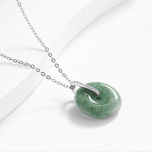 925 Sterling Silver Natural Grade A Jadeite Ping An Kou Donut Pendant Necklace
