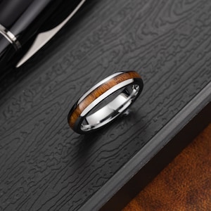 4mm Tungsten Carbide Genuine Natural Hawaiian Koa Wood Tree Inlay Comfort Fit Ring Wedding Band Dome Style High Polished Finish