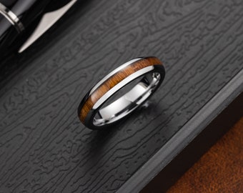 4mm Tungsten Carbide Genuine Natural Hawaiian Koa Wood Tree Inlay Comfort Fit Ring Wedding Band Dome Style High Polished Finish