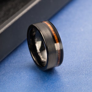 8mm Black Tungsten Carbide Hawaiian Koa Wood Inlay Comfort Fit Men Ring Engagement Wedding Band, Scratch Resistant Weighted Hypoallergenic