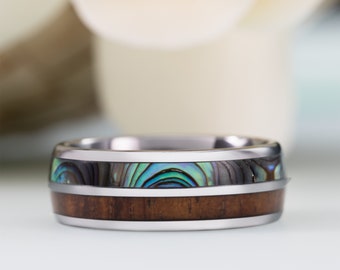 8mm Tungsten Carbide Hawaiian Koa Wood Tree and Abalone Shell Inlay Mauka to Makai ( Mountain to Ocean ) Comfort Fit Ring Wedding Band Dome