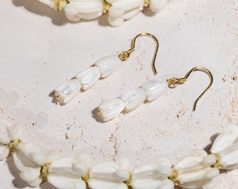 14K Gold Plated 925 Sterling Silver Mother of Pearl Pikake Flower Bud Huggie Hoop Earrings