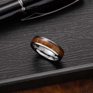 6mm Tungsten Carbide Genuine Natural Hawaiian Koa Wood Tree Inlay Comfort Fit Ring Wedding Band Dome Style High Polished Finish