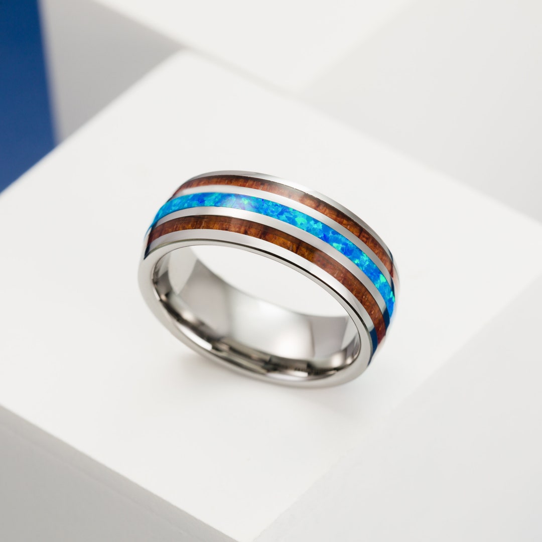 Anillo De Tungsteno Con Ópalo Azul - Para Hombre Y Mujer, Tallas 49-74, Diseño Elegante