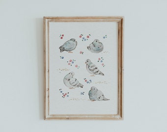 Pigeons Poster // Art Print, Wall Decoration, Watercolor Illustration, A5 or A4