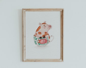 Schwein Teetasse Poster Kunstdruck | Aquarell Illustration | Geschenk Wanddeko | A5 oder A4