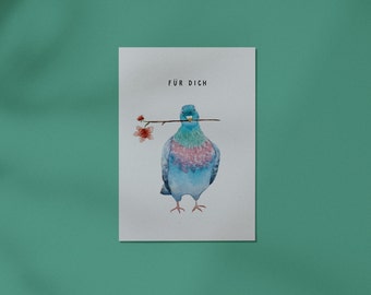 Für dich Postkarte // Grußkarte, Taube, Blume, Geburtstag, Dankeschön, DIN A6