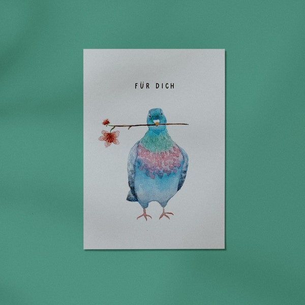Für dich Postkarte // Grußkarte, Taube, Blume, Geburtstag, Dankeschön, DIN A6
