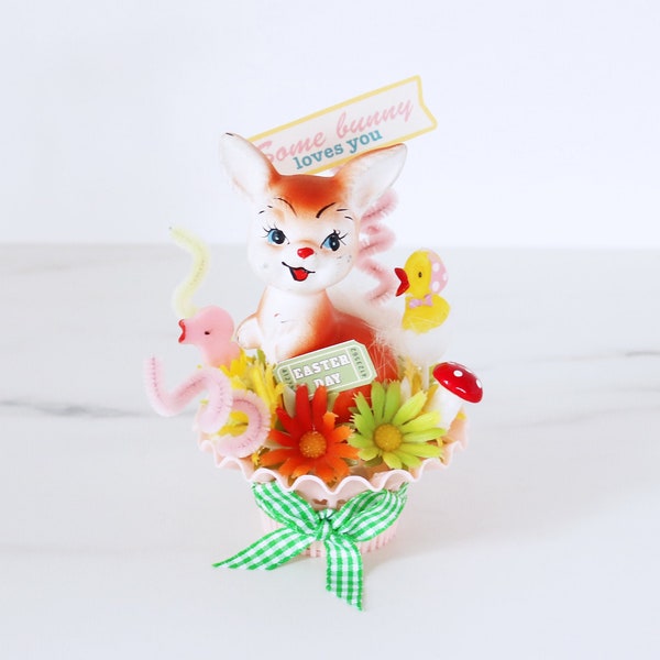 Vintage Kitsch Spring Ceramic Bunny Rabbit Handcrafted Easter Candy Cup Assemblage Decoration