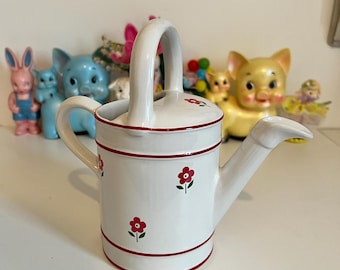 St Michaels Busy Lizzie ceramic watering can white red floral pattern