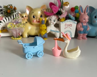 Vintage Kitsch plastic stork and pram figurines - New Baby decoration