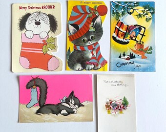 Vintage Kitsch Animal Christmas Paper Greetings Cards - Set of 5