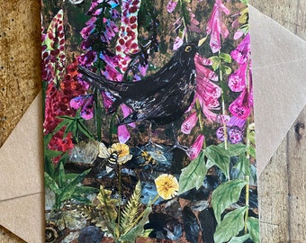 A6 Blackbird and the foxgloves Blank greeting card