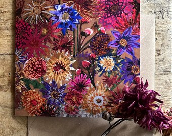 Dazzling Dahlias- square blank  greeting card.