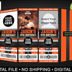 Könnte beinhalten: Digitales Media-Pass-Design mit Baseball-Thema. Enthält ein Foto eines Baseballspielers, den Text "JASON'S 5TH BIRTHDAY" und Platz für ein Logo. Enthält einen VIP-Ticketbereich mit Datum und Ort.