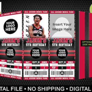 Op de afbeelding: Een afdrukbaar digitaal bestand voor een verjaardags uitnodiging. De uitnodiging is ontworpen om eruit te zien als een basketbalticket met rode, zwarte en witte strepen. De tekst op het ticket zegt "Jason's 5th Birthday" en bevat een ruimte voor een logo. Het ticket bevat ook een ruimte voor een foto.