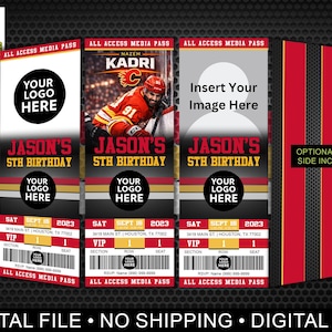 Op de afbeelding: Digitaal bestand met aangepaste verjaardagspassen. De passen hebben een hockeythema met een foto van Nazem Kadri, de tekst "Jason's 5e verjaardag" en ruimte voor een logo. Bevat de tekst "All Access Media Pass".