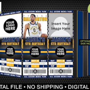 May include: Three blue and yellow basketball ticket-style invitations with the text "Jason's 5th Birthday" and "All Access Media Pass". The center ticket features a basketball player in a blue and yellow uniform. The right ticket has a blank space for a photo. The left ticket has a space for a logo.