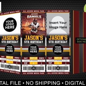 May include: Digital media passes for a 5th birthday celebration. The passes have areas for logos and images, with text that reads "Jason's 5th Birthday." The passes include event details and a VIP section.