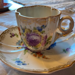 Antique European Hand Painted  cup and saucer Violets and Gilding