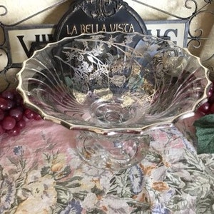 Vintage Large Footed Elegant Bowl with Silver Overlay with Swirls