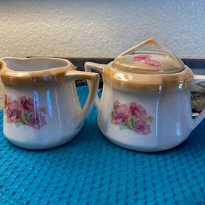 Vintage Lusterware Creamer and Sugar Made in Germany Pink Flowers