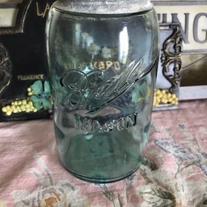 Vintage Quart Aqua Ball Mason Jar Aqua With Third L Loop 1900 - 1910