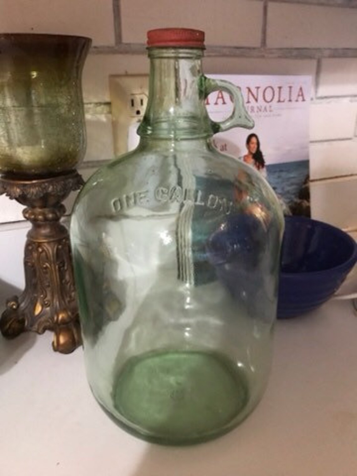 Vintage Gallon Glass Jug Aqua Green Unusual With Red Lid Etsy