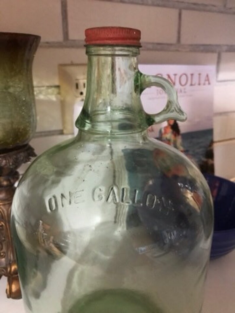 Vintage Gallon Glass Jug Aqua Green Unusual With Red Lid Etsy
