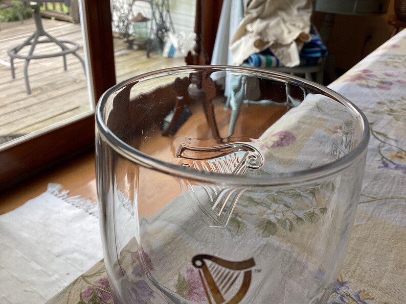 May include: A clear glass with the Guinness logo, featuring a harp design, is visible. The glass is partially filled and sits on a floral patterned tablecloth. The background includes a window and outdoor scenery.
