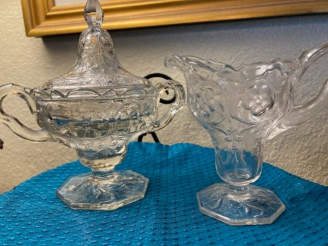 Antique Early American Pattern Glass Very Fancy Ornate Cream and