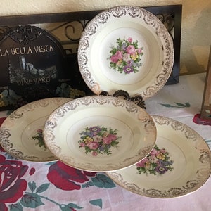 Set of 4 Salad or Cereal Bowls Crown Potteries Floral with Gold Filagree