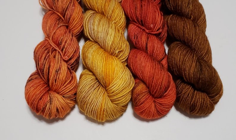 Fall Yarn Kit on half size skeins! Brilliant deep speckled red pumpkin orange honey wheat and milk chocolate Ships free!