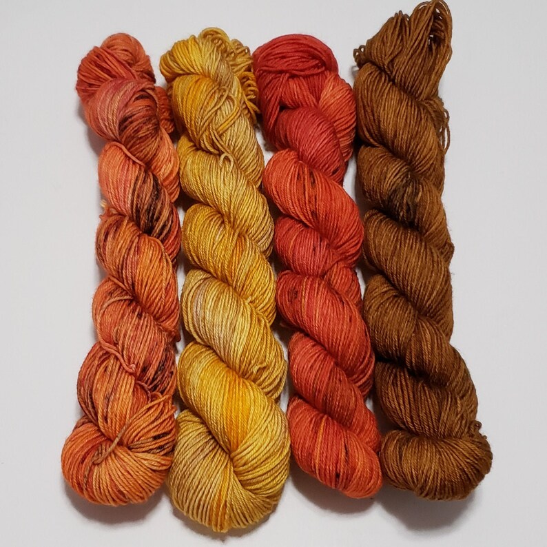 Fall Yarn Kit on half size skeins! Brilliant deep speckled red pumpkin orange honey wheat and milk chocolate Ships free!