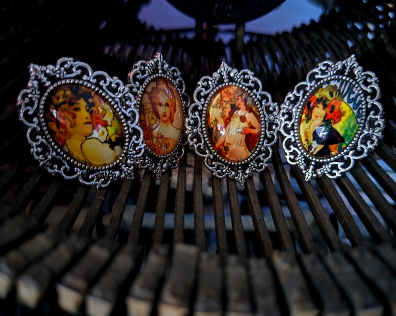 Fruit by Alphonse Mucha Inspired Glass Cabochon Antique Silver Adjustable Ring