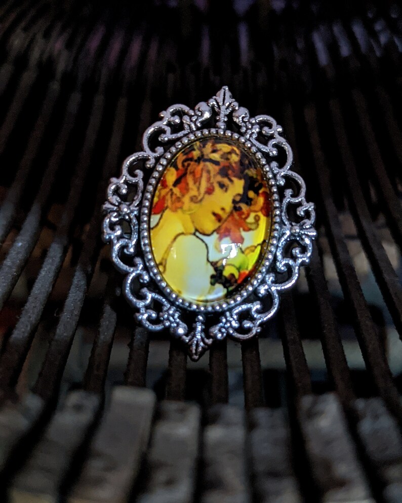 Fruit by Alphonse Mucha Inspired Glass Cabochon Antique Silver Adjustable Ring
