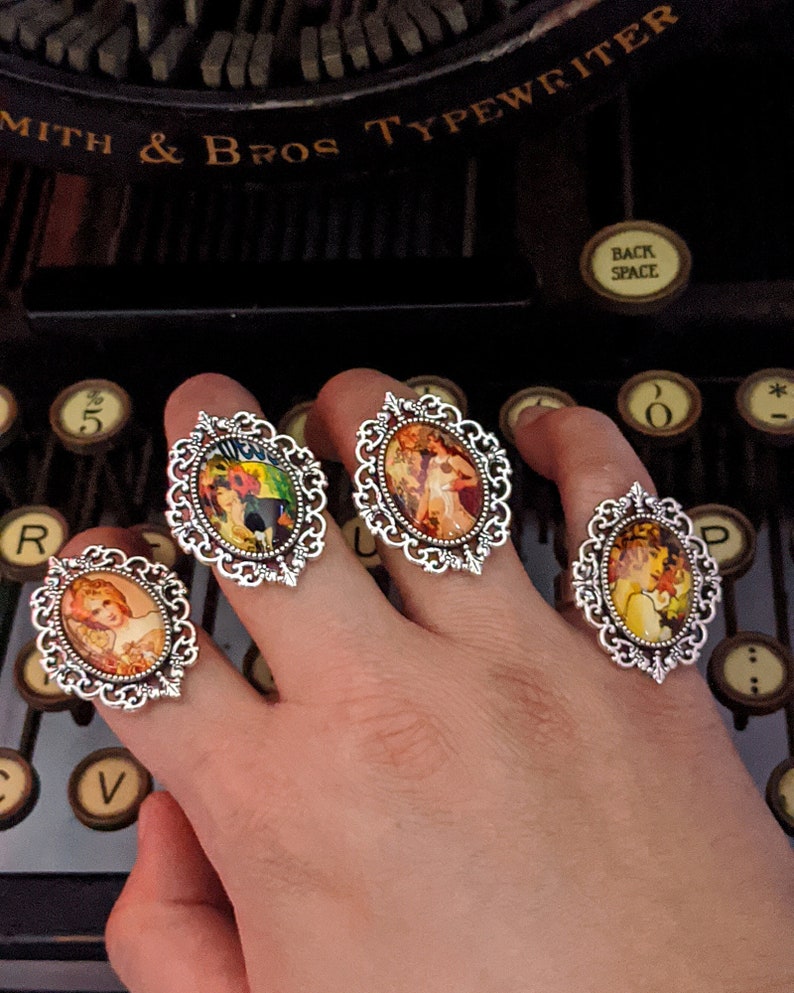 Fruit by Alphonse Mucha Inspired Glass Cabochon Antique Silver Adjustable Ring